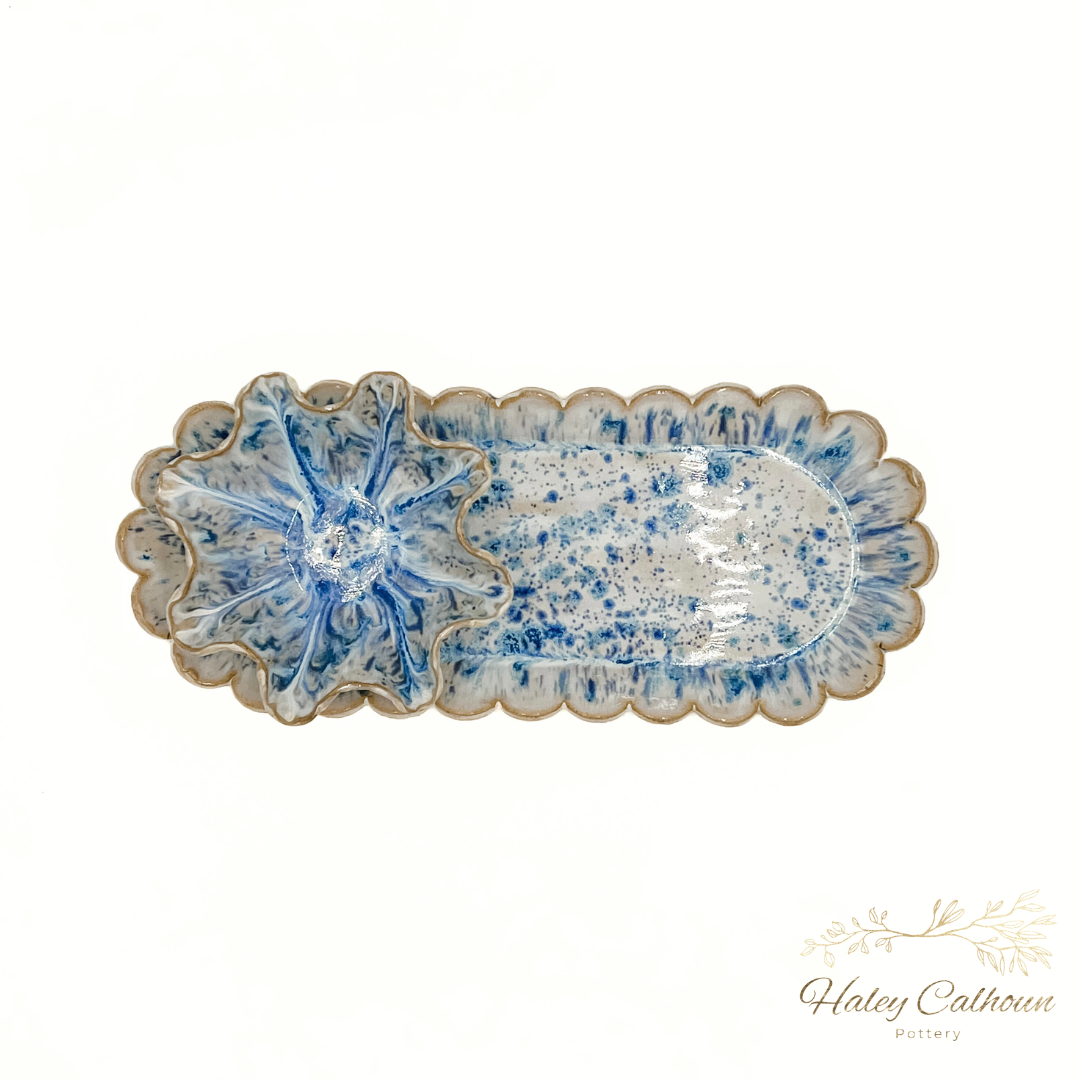 Sunrise Blue Scalloped Platter Chip and Dip Set