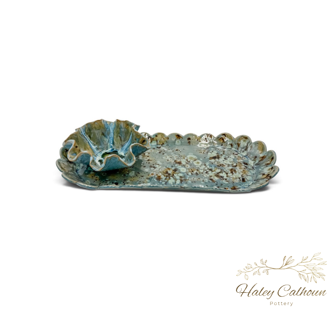 Cyan Scalloped Platter Chip and Dip Set
